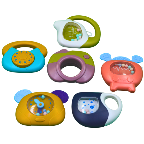 Mu Bear & Co 6 Pc Rattle Set (4 Rattles + 2 Extra Rattles with Silica Gel Tops making it great for teething)