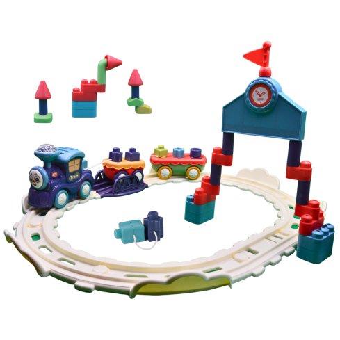 Mu Bear & Co- Puzzle Train Set with Building Blocks and Shape Sorter Carriages